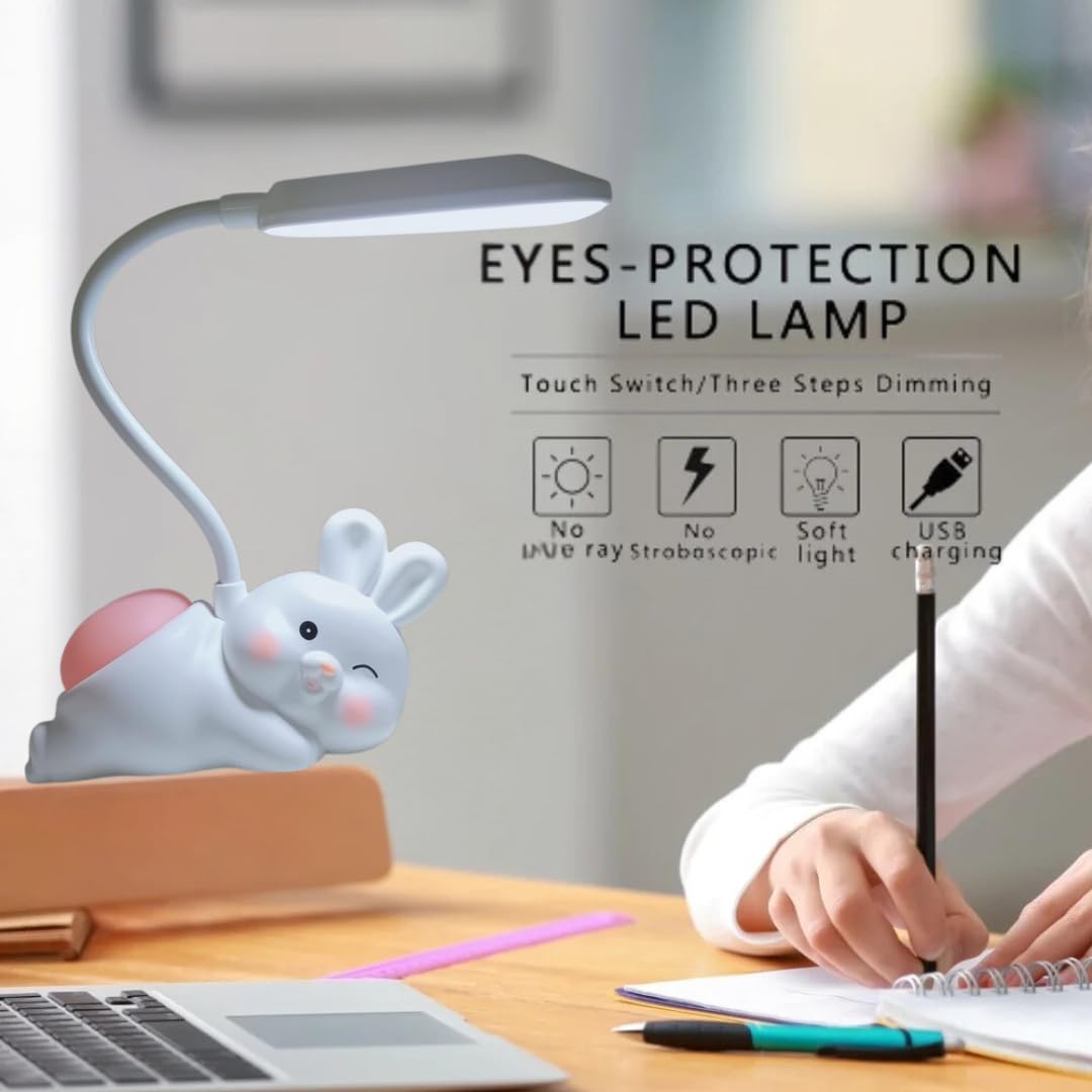 Glanciety USB Rechargeable Rabbit Desk Lamp with Flexible Neck and Night Light